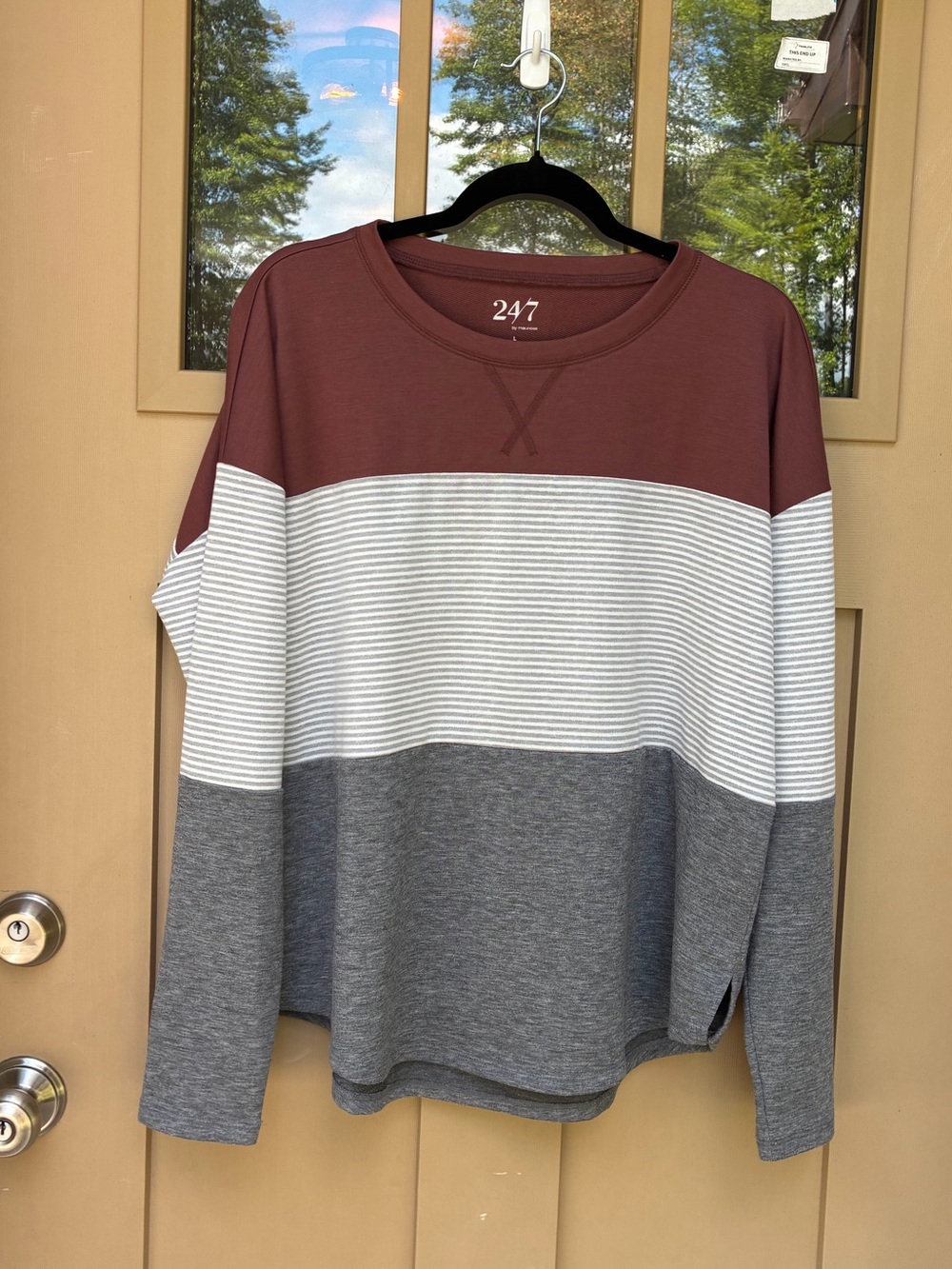 Maurices Colorblock Long Sleeve Top Gray, Stripes, Rusty Rose Women's Large